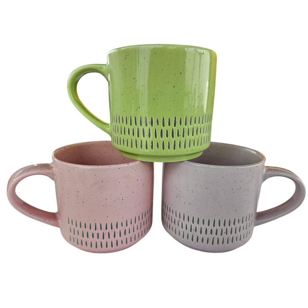 Set 3 coffee mugs coco & lola pastels Stackable green pink lilac 3.75Wx3.5" E-17